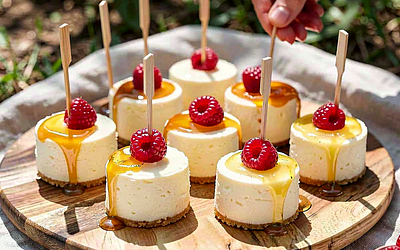 Cottage cheese cheesecake on a stick with fresh raspberries and honey-lemon glaze