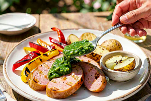 Kiełbasa krakowska z chimichurri, grillowaną papryką i młodymi ziemniakami