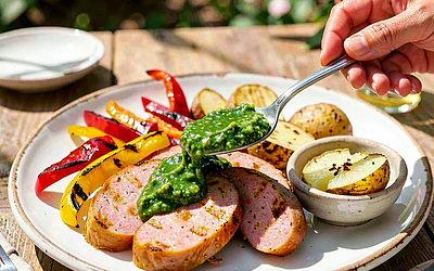 Kiełbasa krakowska z chimichurri, grillowaną papryką i młodymi ziemniakami