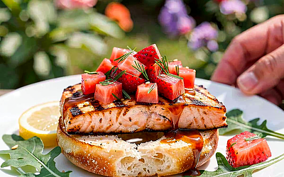 Grilled bagel with teriyaki salmon and strawberry-dill salsa
