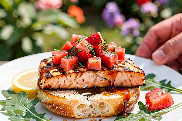 Grillowany obwarzanek z łososiem teriyaki i salsą truskawkowo-koperkową