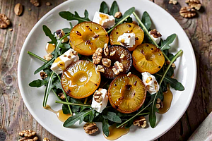 Arugula salad with goat cheese and roasted mirabelle plums, honey-horseradish vinaigrette