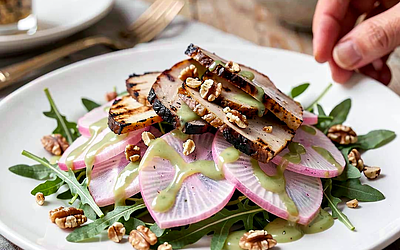 Salad with young beets, grilled oscypek, and gooseberry dressing