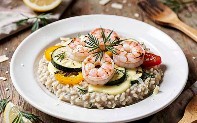 Kaszotto z pęczaku z grillowanymi krewetkami i sosem koperkowo-cytrynowym