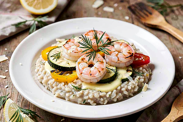 Kaszotto z pęczaku z grillowanymi krewetkami i sosem koperkowo-cytrynowym