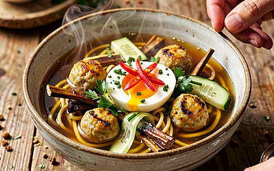 Polish ramen — broth from roasted bones, grilled meatballs, and fresh herbs