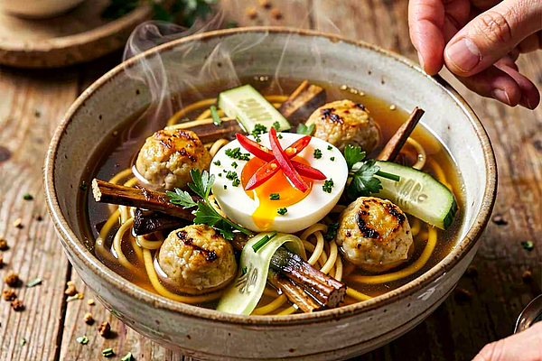 Polski ramen — rosół z pieczonych kości, grillowane klopsiki i świeże zioła