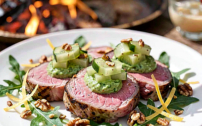 Grilled lamb tenderloin with pickled cucumber salsa and mint pesto