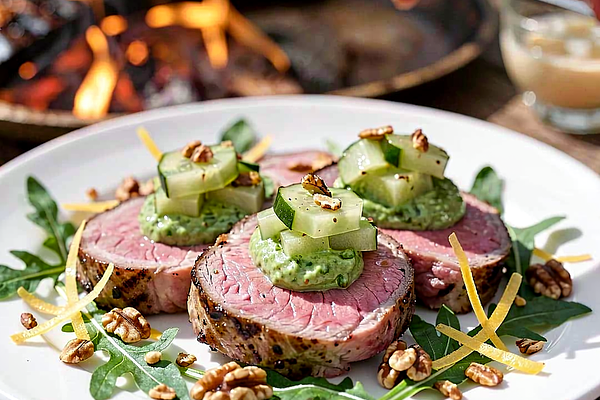 Grillowana polędwica jagnięca z salsą z ogórka małosolnego i miętowym pesto
