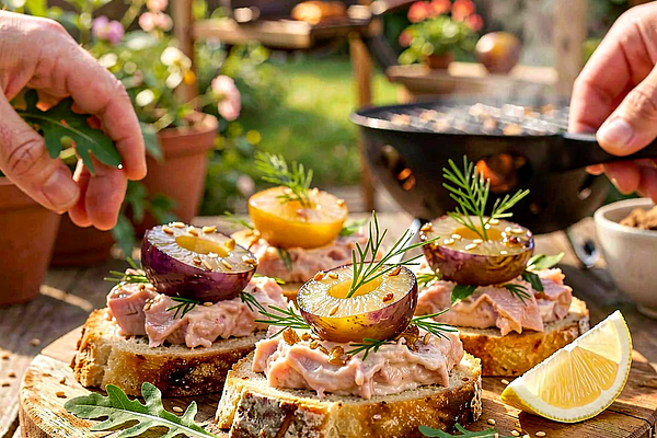 Tost z chleba wiejskiego z pastą z wędzonego pstrąga i karmelizowaną cebulą z mirabelek