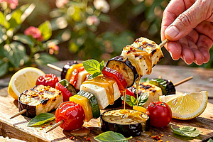 Skewers with Polish eggplant, halloumi, and linden honey