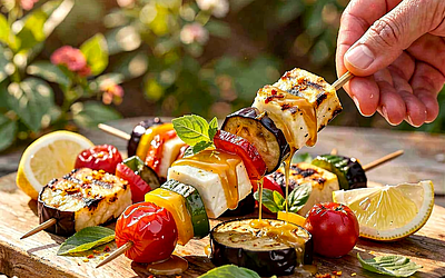 Szaszłyki z polskiego bakłażana, halloumi i miodu lipowego