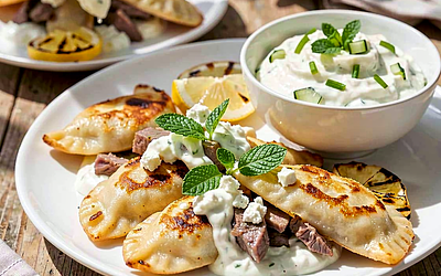 Pierogi z jagnięciną, fetą i miętą podane z sosem tzatziki