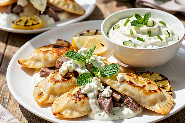 Pierogi z jagnięciną, fetą i miętą podane z sosem tzatziki