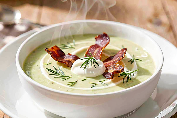 Krem z młodej cukinii z mlekiem kokosowym i chipsami z wędzonego boczku