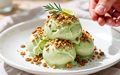 Sorbet ogórkowo-limonkowy z nutą koperkową i kruszonką z obwarzanka