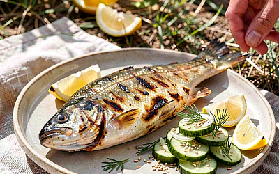 Grillowany pstrąg z salsą z ogórka małosolnego i koperkiem