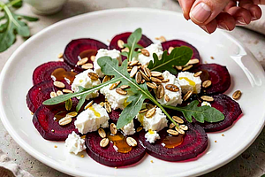 Beet Carpaccio with Goat Cheese and Toasted Sunflower Seeds
