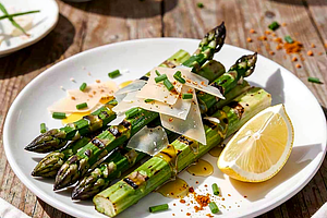 Grilled asparagus with garlic oil and parmesan flakes