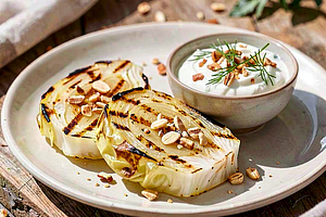 Grilled young cabbage pastries with yogurt-dill dip