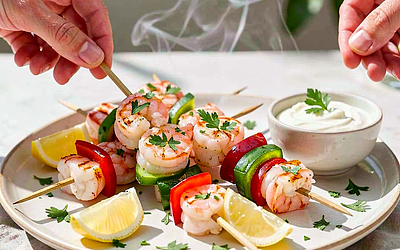 Shrimp and Young Pepper Skewers with a Lemon Twist