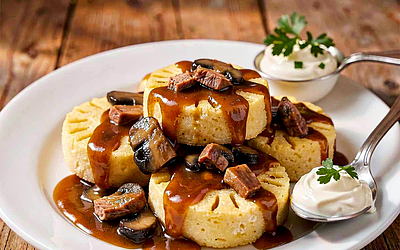 Silesian dumplings with gravy (with forest mushrooms)