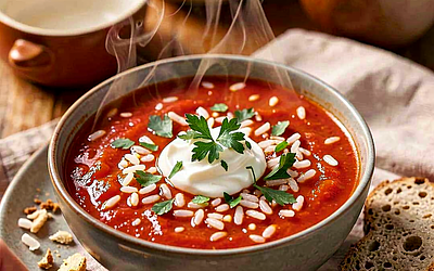 Tomato soup with rice (traditional, homemade)