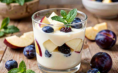 Kefir with seasonal fruits (apple, plum, berries)