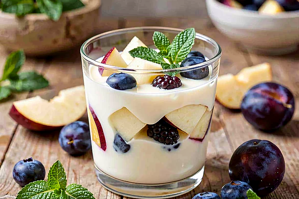 Kefir z owocami sezonowymi (jabłko, śliwka, owoce leśne)
