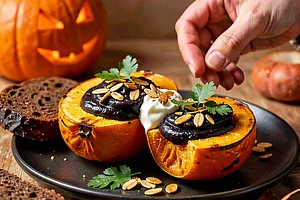 Pasta z czarnej fasoli w pieczonej dyni (halloweenowy talerz)