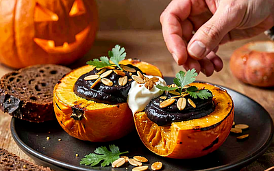 Black Bean Pasta in Roasted Pumpkin (Halloween Plate)