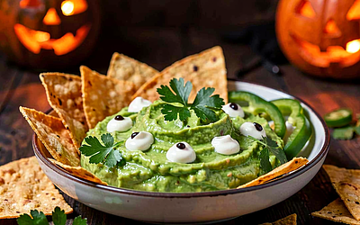 Zielone guacamole z pieczoną tortillą (Halloween)