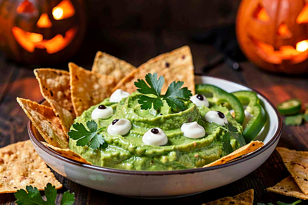 Zielone guacamole z pieczoną tortillą (Halloween)