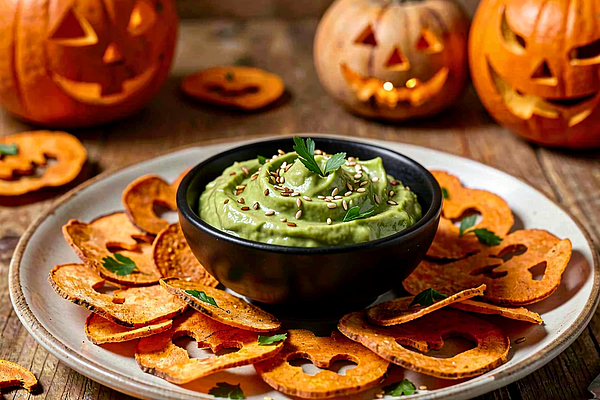 Chipsy z batatów z dipem z awokado (Halloween)