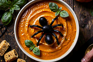 Tomato soup with black olives (halloween)