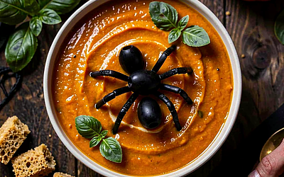Zupa pomidorowa z czarnymi oliwkami (halloween)