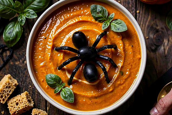 Zupa pomidorowa z czarnymi oliwkami (halloween)
