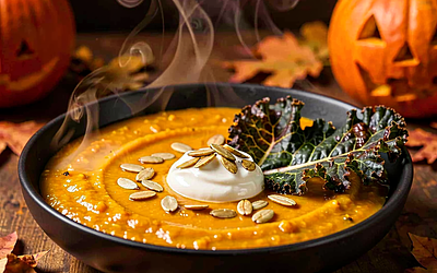 Red Lentil and Pumpkin Soup in Autumn, Smoked Style (Halloween)