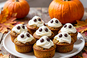 Pumpkin Cupcakes with Ghost-Shaped Cream
