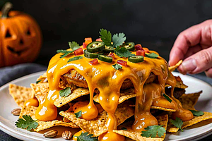 Halloweenowe nachos z sosem serowym i dynią
