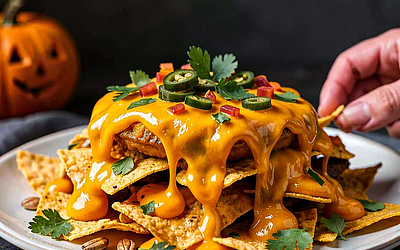 Halloweenowe nachos z sosem serowym i dynią