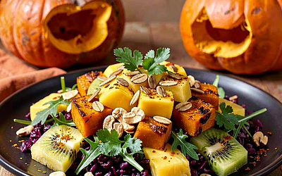 Tropical Fruit Salad with Roasted Pumpkin (Halloween Twist)