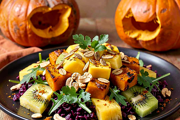 Sałatka z owocami tropikalnymi i pieczoną dynią (halloweenowy twist)