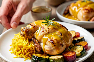 Chicken in Golden Marinade with Saffron Rice and Roasted Vegetables