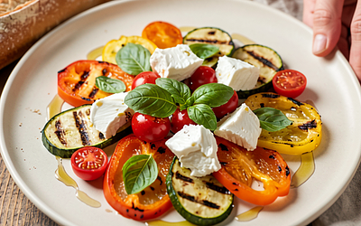 Grilled seasonal vegetables with mozzarella and honey-basil sauce
