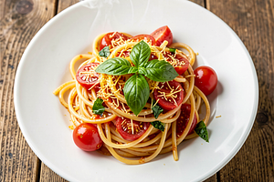 Makaron spaghetti z letnimi pomidorami i bazylią (polska-nowoczesna)