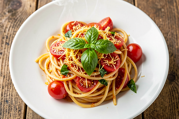 Makaron spaghetti z letnimi pomidorami i bazylią (polska-nowoczesna)