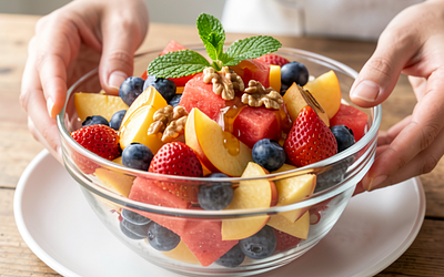 Fruit salad with watermelon, mint, and honey-lime dressing