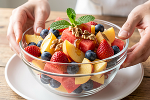 Fruit salad with watermelon, mint, and honey-lime dressing