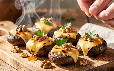 Grilled mushrooms with cheese and a honey-nut twist